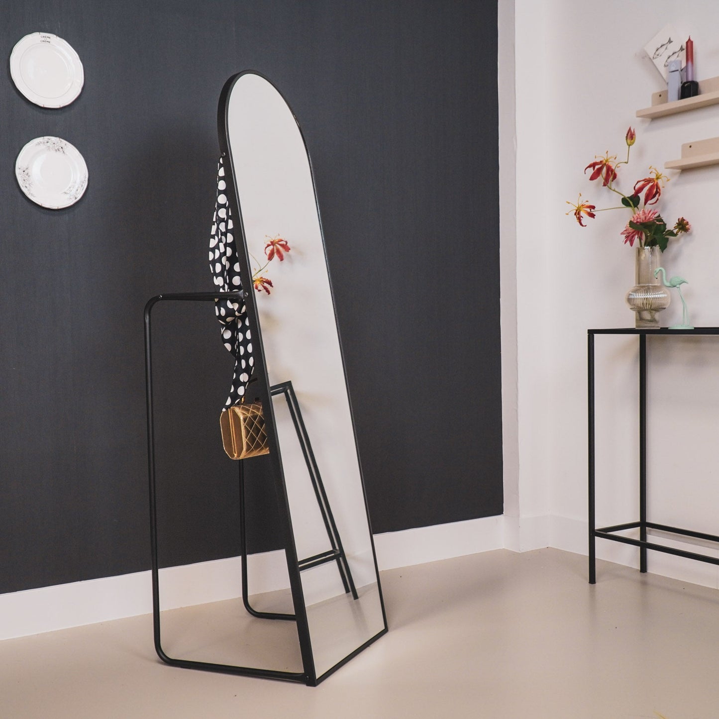 Spiegel- Passpiegel + kledingrek + Metaal- Zwart  - 45x43x150cm